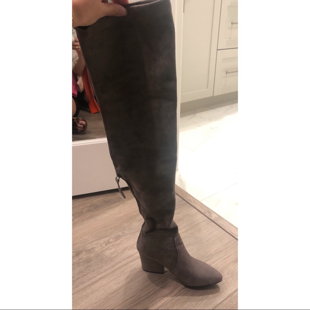 Grey knee high boots